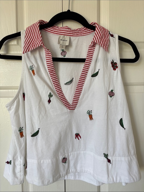 Maeve Tops - Maeve White Sleeveless Collared Tank with Red Stripes and Vegetable Embroidery